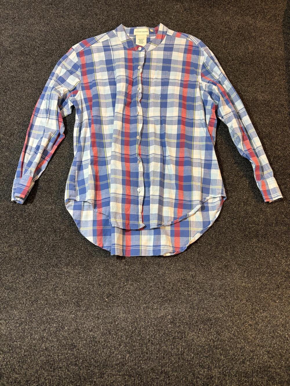 Jeffrey Banks Shirt Mens L Blue Plaid Long Sleeve Band Collar Button Up Casual